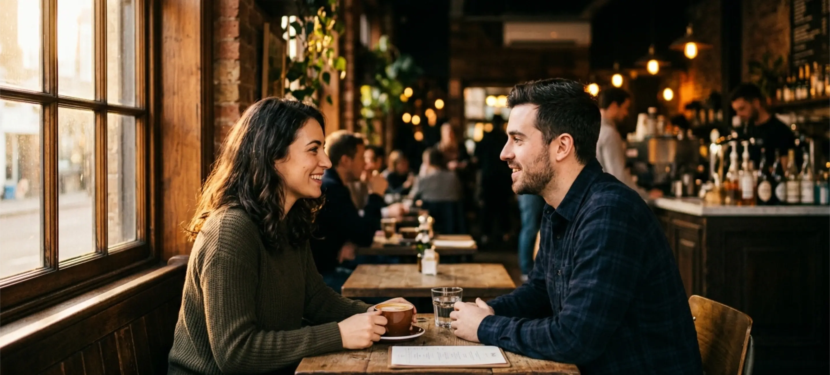 Two members meeting in a candle-lit lounge